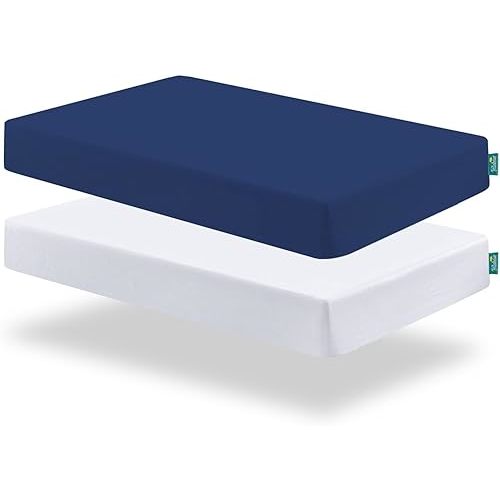 Biloban Pack and Play Sheets Fitted, 2 Pack Pack and Play Sheet Fits for Graco Pack n Play Mattress, Neutral Playard Sheets for Baby Boys and Girl, White & Navy Blue, 38”X 26”