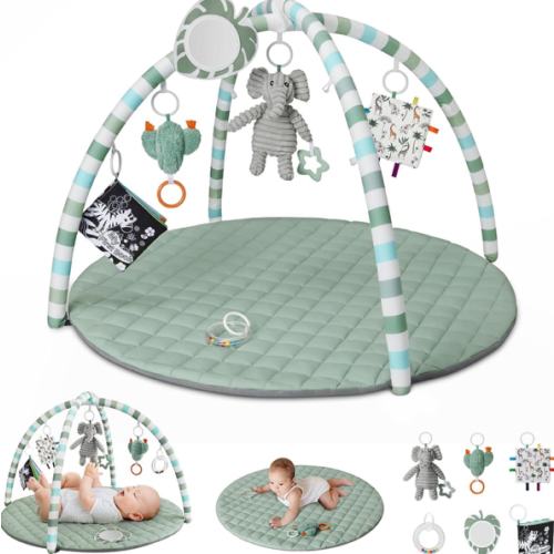 Blissful Diary Baby Play Gym Mat, Tummy Time Mat with 6 Detachable Toys for Stage-Based Sensory & Motor Skill Development, Baby Activity Mat Easy to Install & Clean, Baby Essentials Gift, Sage Green