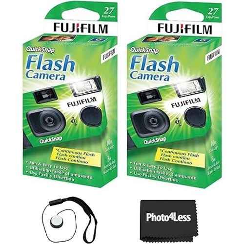 Fujifilm QuickSnap Flash 400 Disposable 35mm Camera (Pack of 2) Bundle with Hand Strap and Lens Cleaning Cloth