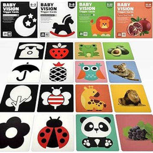 High Contrast Baby Flashcards 80 PCs 160 Page Visual Stimulation Learning Activity Cards for Newborn Infants up to 36 Months, Perfect Educational Toys Gift