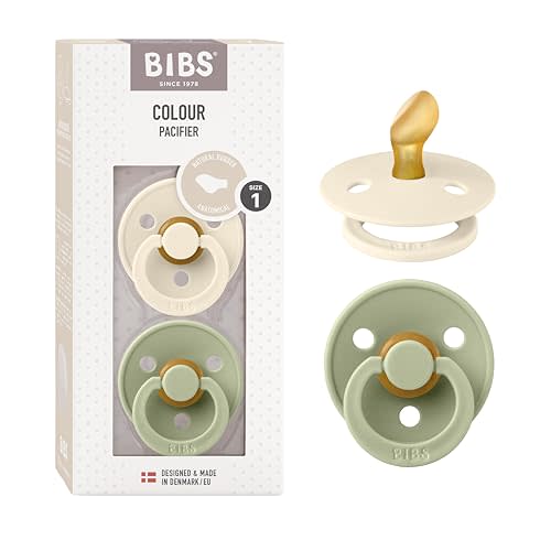 BIBS Pacifiers - Set of 2 | Colour Pacifier with Anatomical Nipple | BPA-Free Natural Rubber | Made in Denmark | Ivory / Sage, 0-6 Months
