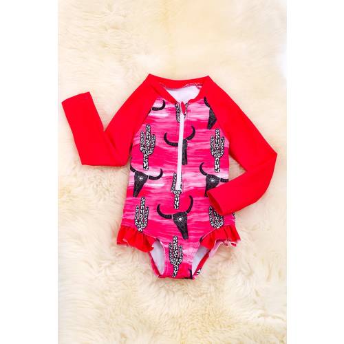 Girls Baby Summer Swim Suit Western Rodeo Cowgirl Cactus Cow Skull Pink