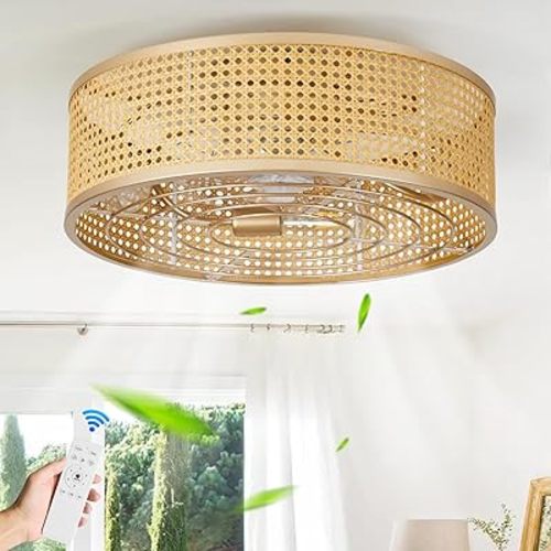 Boho Caged Ceiling Fan with Light, 20'' Rattan Flush Mount Ceiling Fan with Light and Remote Control for Bedroom Kitchen Living Room