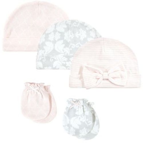 Hudson Baby Infant Girls Cotton Cap and Scratch Mitten Set, Damask, 0-6 Months