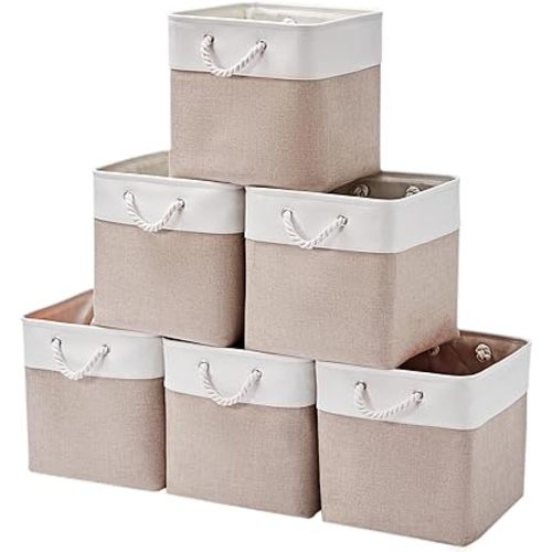 12 x 12 Inch Cube Storage Bins, 6 Pack Large Collapsible Fabric Storage Bin with Ropes, Foldable Storage Cubes for Home, Office,Closet, Clothes, Toys Organizer (White & Beige)