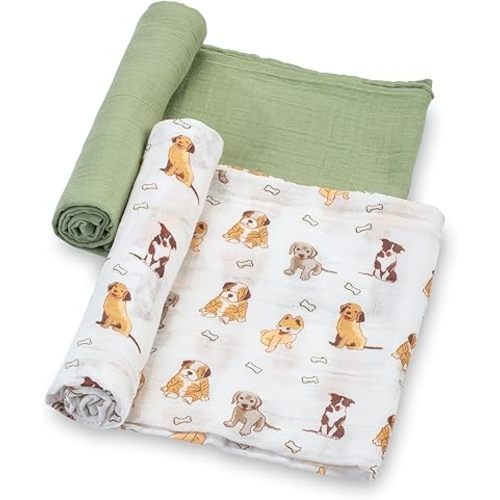 LollyBanks Baby Swaddle Blanket, 100% Cotton Muslin Swaddle Blankets for Boys and Girls, Large 47 x 47 Inches Newborn Swaddle, Soft and Breathable Baby Blanket, Registry (Puppies and Green 2 Pack)