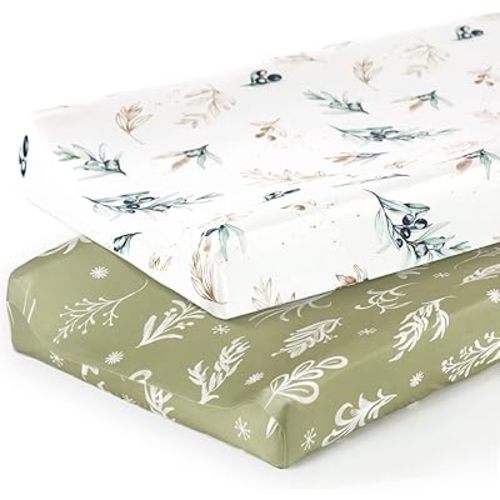 GRSSDER Stretch Ultra Soft Jersey Knit Changing Pad Cover Set 2 Pack,Change Table Pad Covers Fit 32"/34" x 16" Pads Safe and Snug,Stylish Watercolor Flora and Olive for Baby