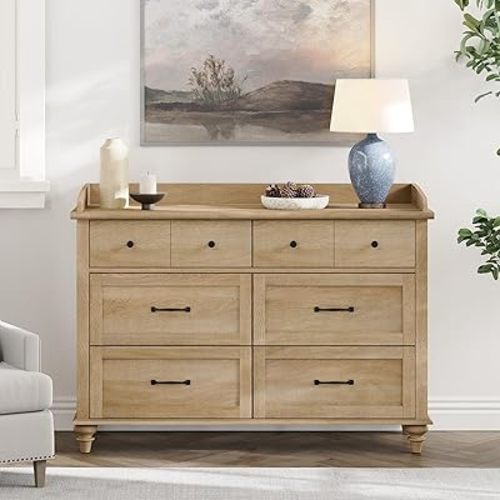 WAMPAT Dresser for Bedroom with 6 Drawers, Kids Dressers with Wide Chest of Drawers, Mid Century Modern Wooden Closet Storage Organizer for Living Room, Nursery, Hallway, Rustic Oak