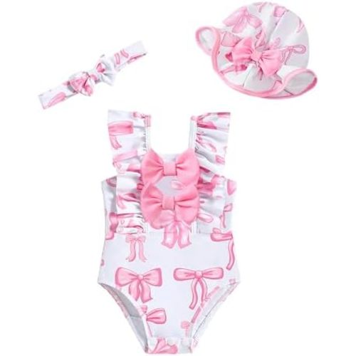 SODLON Baby Girl Swimsuit Infant One-Piece Bathing Suit with Hat & Headband Ruffle Bow Beach Summer Toddler Swimwear 3M-3T