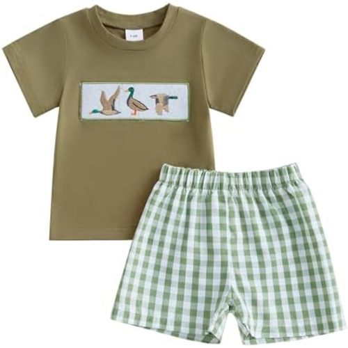 Toddler Baby Boy Clothes Summer Outfit Embroidery Trucks Smocked Shirt T-Shirt Gingham Shorts 12 18 24 Month 2T 3T