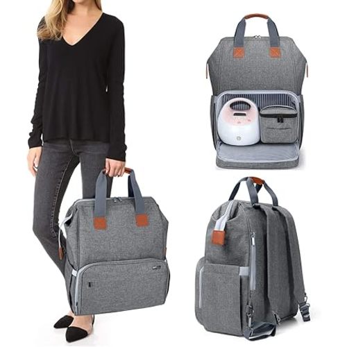 LUXJA Breast Pump Bag with Compartments for Cooler Bag and Laptop, Breast Pump Backpack with 2 Options for Wearing (Fits Most Major Breast Pump, Suitable for Working Mothers), Gray