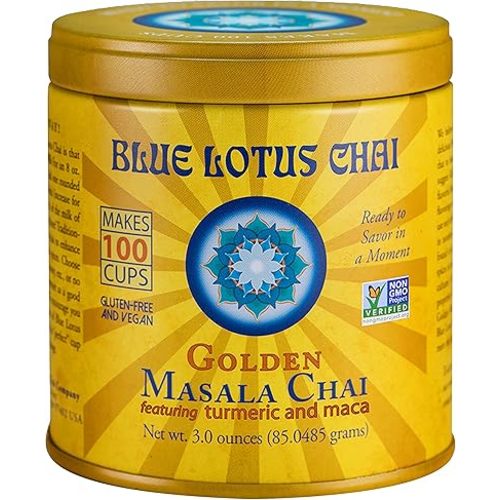 Blue Lotus Chai - Golden Masala Flavor Chai - Makes 100 Cups - 3 Ounce Masala Spiced Chai Powder with Organic Spices - Instant Indian Tea No Steeping - No Gluten