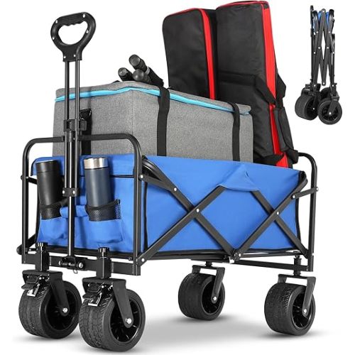 Collapsible Foldable Beach Wagon,Folding Wagon Cart with Big Wheels,Utility Grocery Lounge All Terrain Wagons carts Foldable with Brakes for Sand Camping Sports Outdoor(Lake Blue).