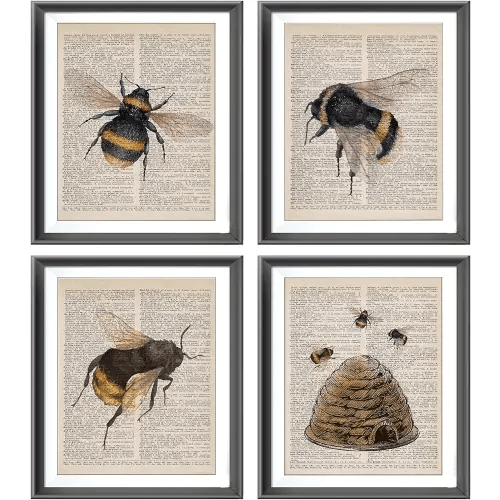 Farmhouse Honey Bee Bumble Bee Beehive Poster Prints for Home Kitchen Bedroom Living Room Porch Nursery Classroom Decor,Honey Bee Dictionary Art Decorations Prints Wall Art Unframed 4pcs 8x10inches