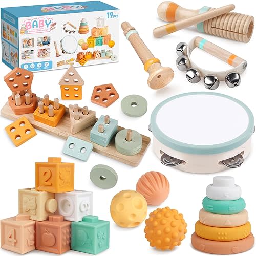 Montessori Baby Toys for 1 Year Old, Wooden Musical Instruments for Toddlers 1-3, Infant Sensory Teether, Stacking Toy Shape Sorter, Neutral Color Educational Birthday Gift for Kids (8 IN 1)