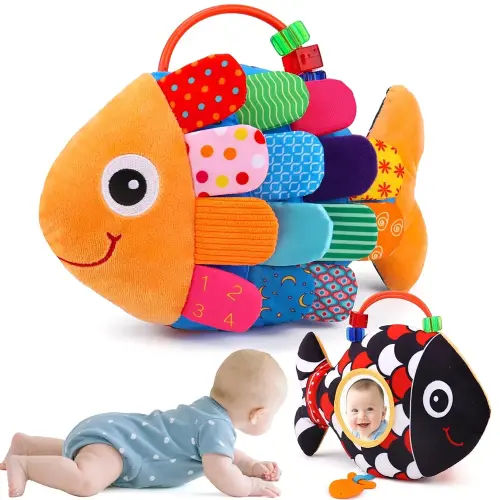 Baby Sensory Tummy Time Toys 0-6 Months Music Fish Toy for Newborn 3 4 5 6 Month Old Black and White High Contrast Infant Toys with Mirror Crinkle Rattle for 3-6 6-12 Months Baby Boy Girl Shower Gifts