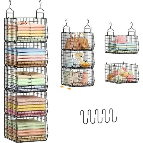 Capacity Upgrade Edition Deeper 4'' 5 Tier Foldable Hanging Closet Organizer and Storage，Wire Cabinet Shelves and Rack with 5 S Hooks,Stackable Metal Basket Bins for Clothes Shoe Purse,Black