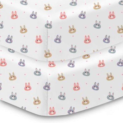 BreathableBaby Cotton Percale Fitted Sheet, For 52" x 28" Crib & Toddler Bed Mattress, Rabbits (2-Pack)