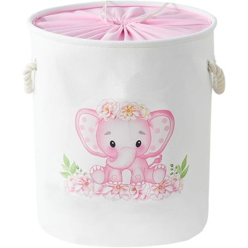 INough Laundry Baskets Kids Laundry Hamper, Pink Baby Hamper Elephant Basket Large Collapsible Kids Hamper with Handles Waterproof Round Linen Storage Basket for Toddler/Girls (Pink Elephant)