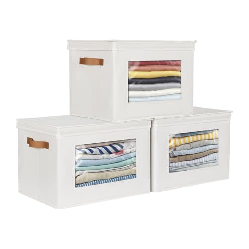 Univivi Storage Boxes with Lids Fabric Foldable Storage Bin for Clothes, [3-Pack] Closet Organizer Containers boxes with Handles for Home, Bedroom, Closet Storage (Beige,17” x 12” x 12")
