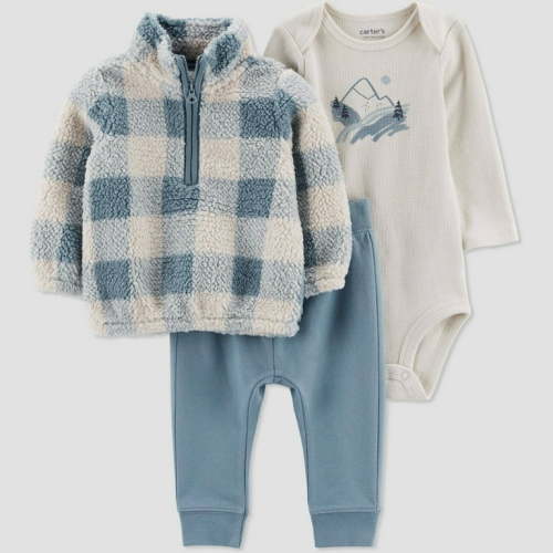 Just One You made by Carter's Baby Boys' 3-Piece Plaid Sherpa Pullover & Bottom Set - Blue- (12M)