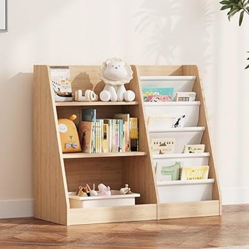 NACHES 3 Tier Kid Bookshelf Wooden 4 Sling Children Bookcase Adjustable Toddler Montessori Rack Display Toy Storage Organizer Book Display Shelf Classroom Bedroom Nursery Playroom, 25inch(Burlywood)