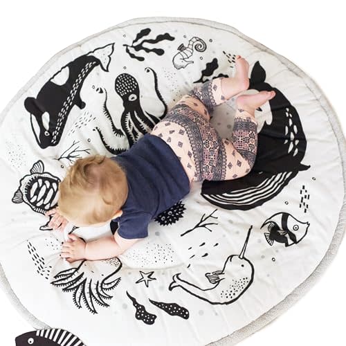 Wee Gallery Ocean Playmat for Babies - Reversible Large Washable Floor Mat for Newborn, Infant, Baby, for Tummy Time Activities, Play, Travel and Development, Organic Fabric, High Contrast Animals