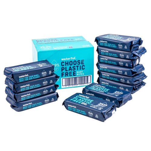 Waterful Plastic Free Baby Wipes, 99.9% purified water, certified vegan, biodegradable & fragrance free. Perfect for sensitive and newborn skin. Bulk Multipack - 12 Packs of 60 Wipes = 720 Wet Wipes