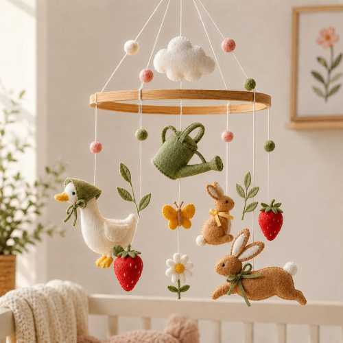 Felt Baby Mobile Cottagecore Nursery Decor, Bunny and Duck Baby Mobile, Garden Theme Crib Mobile, Newborn Gift, Cozy Hanging Mobile