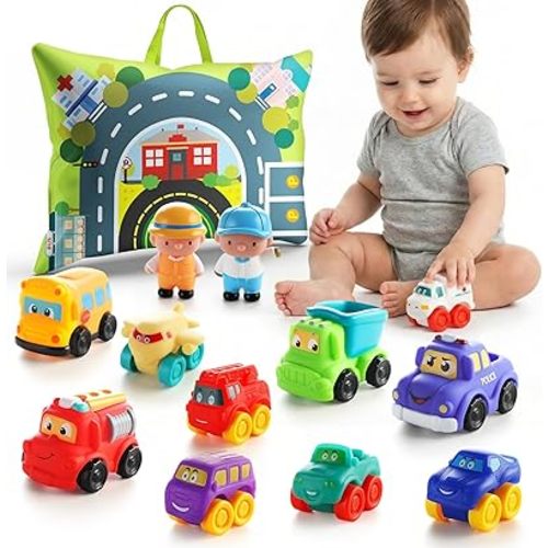 ALASOU 12 PCS Soft Rubber Car Toys for 1 Year Old Boy with Playmat/Storage Bag|Baby Toys 1 Year Old Boy Gifts for Toddler Toys 1-2|1st Birthday Gift for Infant 12 18 Months