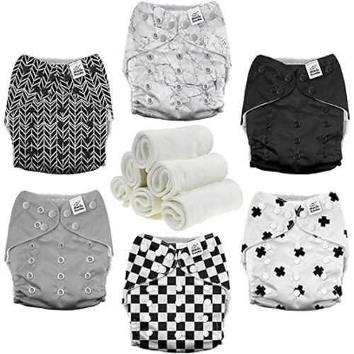 Mama Koala 3.0 Pocket Cloth Diapers for Babies with AWJ Lining, 6 Pack with 6 4-Layer Natural Cloth Diaper Inserts - Reusable and Washable Pocket Diapers (Black and White)