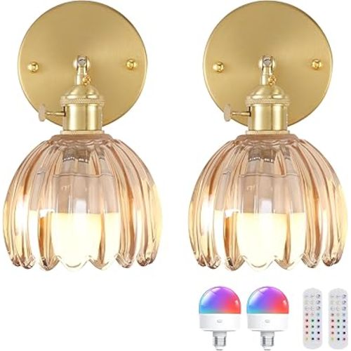 Vintage Battery Operated Wall Sconce with Amber Tulip Glass Lampshade 5000 mAh Rechargeable Battery Powered Wall Light with Remote Control for Bedside Bedroom Doorway, Set of 2