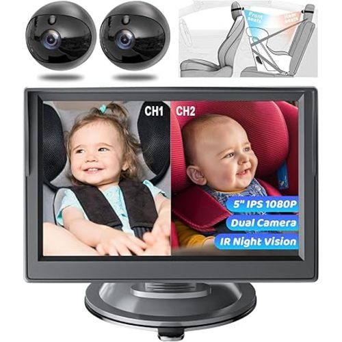 Baby Car Camera Dual Channel, 5'' HD 1080P Monitor & 2 Camera, Split Screen Display, Night Vision & 150° Wide View Baby Car Mirror Camera for Rear Facing Seat Backseat, Plug and Play, 360° Rotation