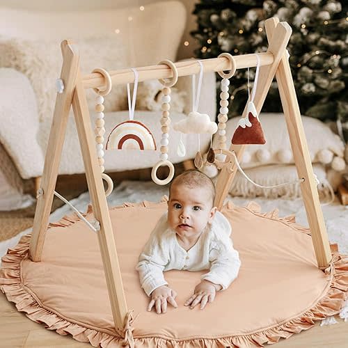 Wooden Baby Play Gym Play Mat Set, Baby Gym with 6 Hanging Sensory Toys Foldable Playgym for Infants Frame Activity Center Hanging Bar for Newborn Shower Gift