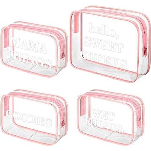 4 Packs Diaper Bag Organizer Pouches Set Clear PVC Travel Diaper Bag Waterproof Zippered Makeup Bag Dry Wet Bag (Pink, White)