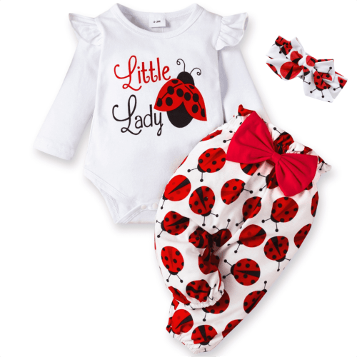 PatPat 3pcs Baby Girl Ladybug Long Sleeve Romper and Bowknot Trousers Set,Fall Clothes Newborn Outfit,0-18 Month