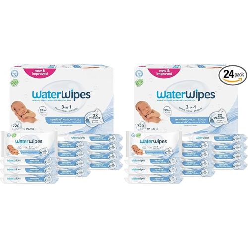 WaterWipes Sensitive+ Newborn & Baby Wipes, 3-In-1 Cleans, Cares, Protects, 99.9% Water, Unscented & Hypoallergenic, 1440 Count (24 Packs)