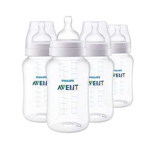 Philips Avent Anti-Colic Baby Bottle with AirFree Vent, 9oz, with Flow 2 Nipples, 1m+, 4pk, Clear, SCY703/04