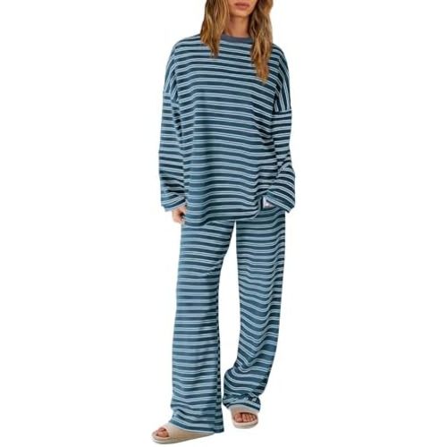 SENSERISE Womens Striped Lounge Set 2 Piece Outfits Striped Long Sleeve Shirt Wide Leg Pants Pajamas Set Travel Outfit