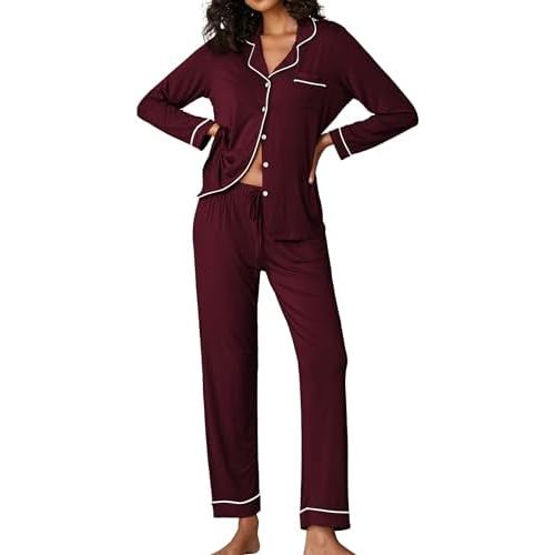 Ekouaer Pajamas Women's Long Sleeve Sleepwear Soft Button Down Loungewear Pjs Lounge Set Nightwear XS-XXL