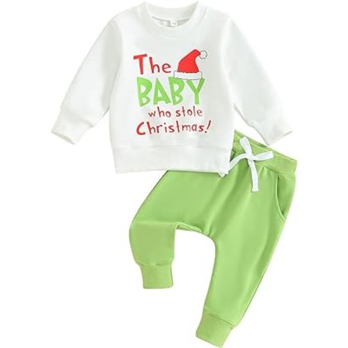 Baby Girl Boy Christmas Outfit The Baby Who Stole Christmas Sweatshirt Romper Green Pants Xmas Clothes- 6-12 Months