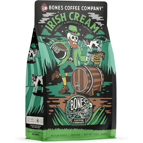 Bones Coffee Company Irish Cream Flavored Coffee Beans, Medium Roast Ground Coffee Low Acid, Nutty Flavor (12 oz)