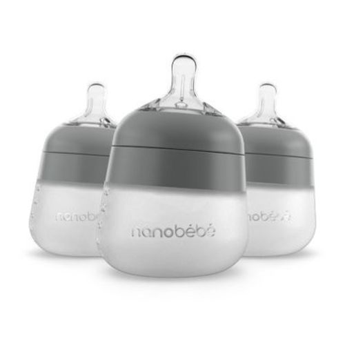 nanobebe Flexy Silicone Baby Bottle Anti-Colic Nipple, Soft Body, Stable Base - Gray - 5oz/3pk