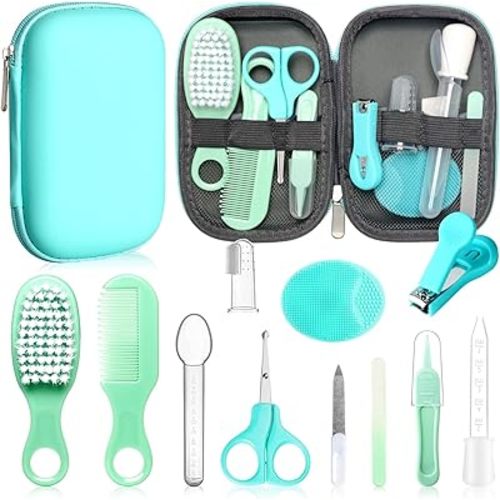 Baby Grooming Kit - Nursery Essentials Baby Registry Shower Gift for Newborns, Infants, Toddlers, Boys, Girls Kids-Safety Baby Comb, Brush, Finger Toothbrush, Nail Clippers, Scissors (Green 12 in 1)