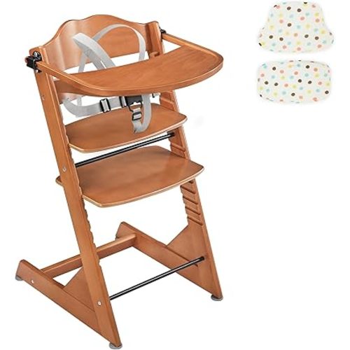 3-in-1 Convertible Wooden Toddler High Chair, Baby Feeding Chair with Removable Tray, Cushion and Harness, Brown