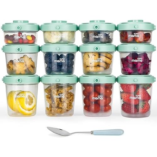 SUPERMAMA Plastic Baby Food Containers 12 Set(2/4/7oz),Stackable Baby Food Storage Containers with Lids,Baby Food Jars for Snack,Puree,Freezer Safe,Easy Storage&Freshness,Microwavable,BPA Free, Green