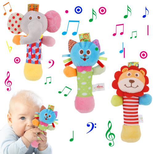 sixwipe 3 Pcs Baby Soft Rattles Toys, Baby Sensory Rattle Toys, Plush Animal Rattle Toys, Infant Squeak Sound Sensory Toys for 0-6 Months Newborn