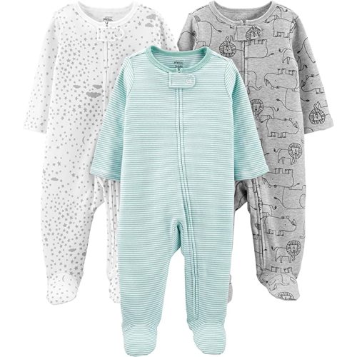 Simple Joys by Carter's Baby 3-Pack Neutral Sleep and Play - 0-3 Months - Green Stripe/Grey Lion/White Stars