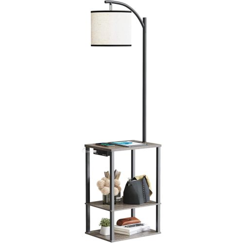 SUNMORY Floor Lamp with Table, Lamps for Living Room with Charging Station(USB & AC Port), Rustic End Table Lamp with Shelves & 3-Color Temperature LED Bulb, Lamp Table for Living Room, Grey Oak