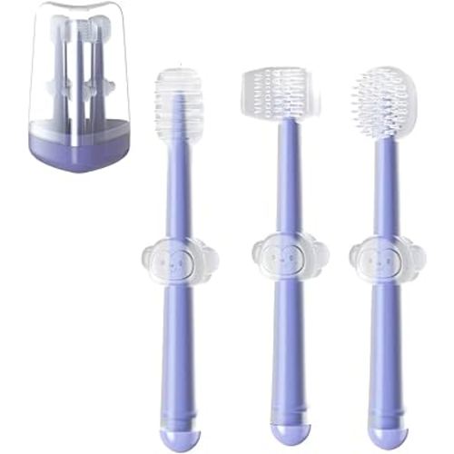 PandaEar 3 Pack Silicone Toddler Toothbrushes 0 to 18 Months, Baby Tongue Cleaner + U-Shaped ToothScrubber + First Toothbrush Teething, Gum Oral Cleaner
